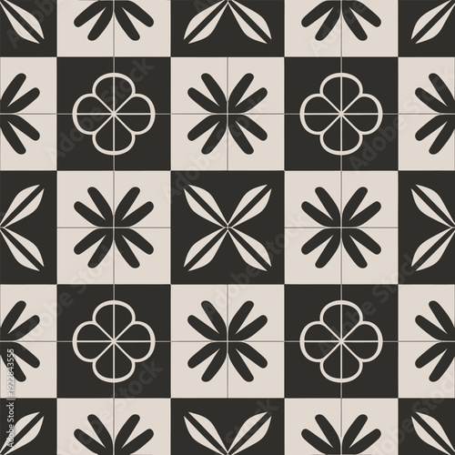 Seamless Black And White Floral Geometric Tile Pattern With Retro Moroccan Motifs