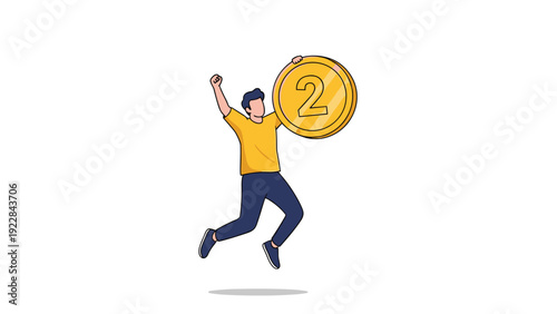 Excited young man jumping with joy while holding a large gold coin with the number two representing a second prize or reward.