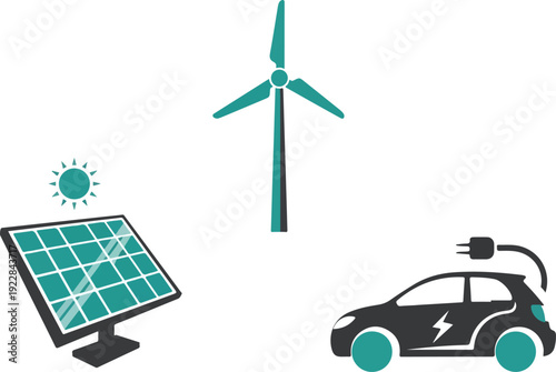 Sustainable renewable energy concept with solar panel, wind turbine, and electric car.