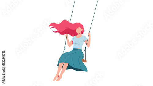Young woman with flowing long pink hair swinging high through the air with a sense of freedom and lighthearted joy in vector art.