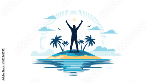 Silhouette of a triumphant man standing on a small tropical island with palm trees under a bright sun and blue sky during a vacation.