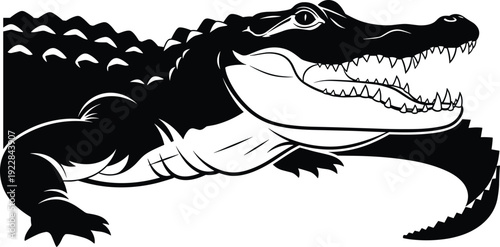 Black alligator silhouette illustration with open mouth showing sharp teeth isolated on white background for wildlife and nature design projects, 20 words.