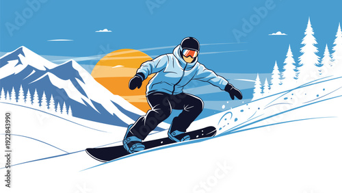 Action illustration of a male snowboarder sliding down a snowy mountain slope with pine trees and a large setting sun in the background.
