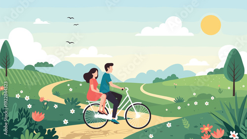 Romantic couple riding a white bicycle together through a beautiful countryside scene filled with flowers and green hills under a bright sun.