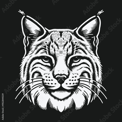 Detailed Bobcat Portrait: A Striking Black and White Illustration.