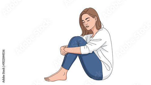 Depressed young woman sitting on the floor with her legs pulled close and eyes closed showing sadness and loneliness in a flat style.