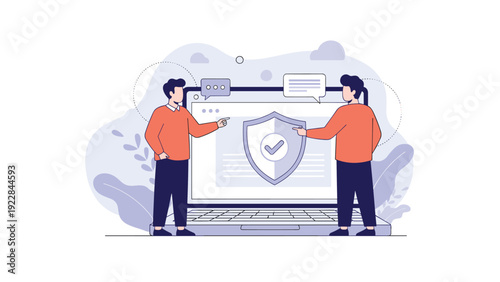 Two IT professionals or technicians standing next to a large laptop computer featuring a security shield with a checkmark on its screen.