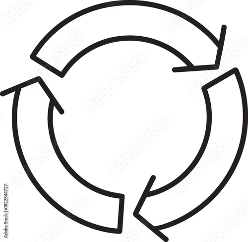 Three continuous arrows forming a circle representing recycling process or continuous business workflow outline vector graphic icon