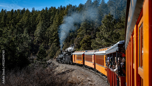 Passenger train rolling through a forest in Colorado