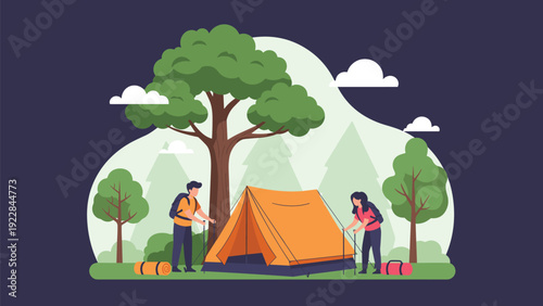 Outdoor adventure scene with a man and woman setting up an orange tent in a beautiful green forest with tall trees and white clouds.