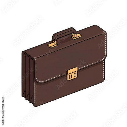 Isometric Brown Briefcase with Golden Clasp and Handle