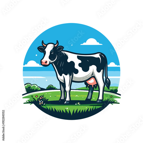Farm Animal Dairy Cow in a Green Pasture Landscape with Mountains and Sunrise Presenting Rural Livestock and Agriculture Environment