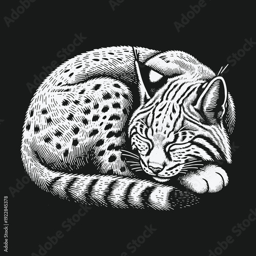 Detailed Illustration of a Sleeping Ocelot in Black and White.