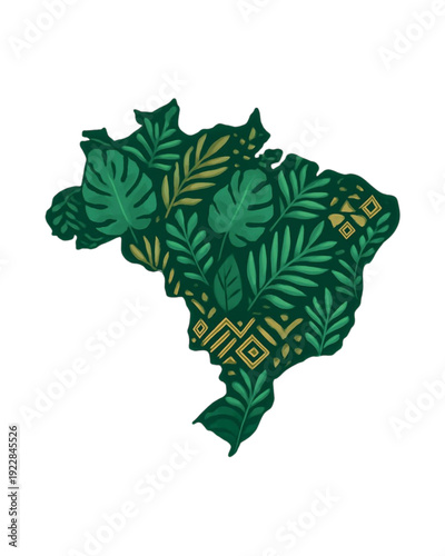 Ilustração da flora brasileira: Uma representação artística do Brasil, repleta de um intrincado padrão de folhas e plantas tropicais, que incorpora a rica biodiversidade do país.