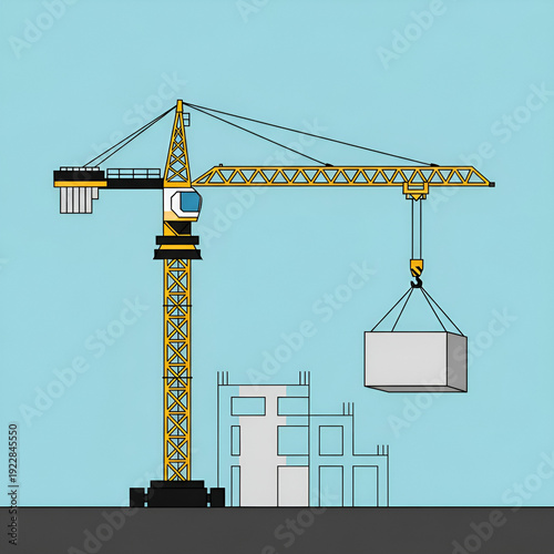 Tower Crane Lifting Building Block on Construction Site Illustration