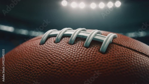 American Football Close-up: The textured surface of an American football is highlighted, lit by stadium lights