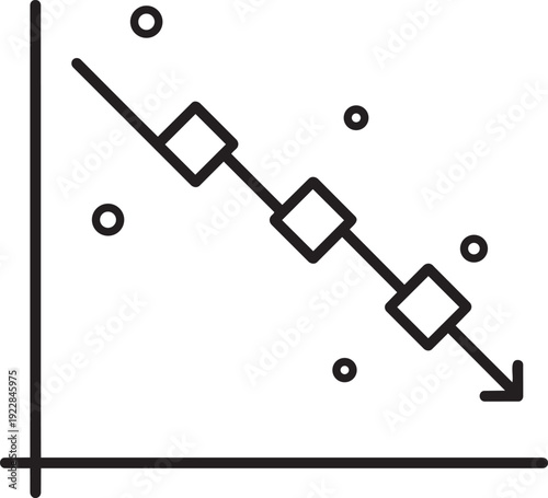 Downward trending scatter plot graph showing negative data correlation and corporate business decline outline vector graphic illustration