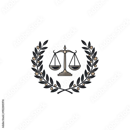 Scales of Justice with Olive Wreath Law Firm Logo, isolated white background.