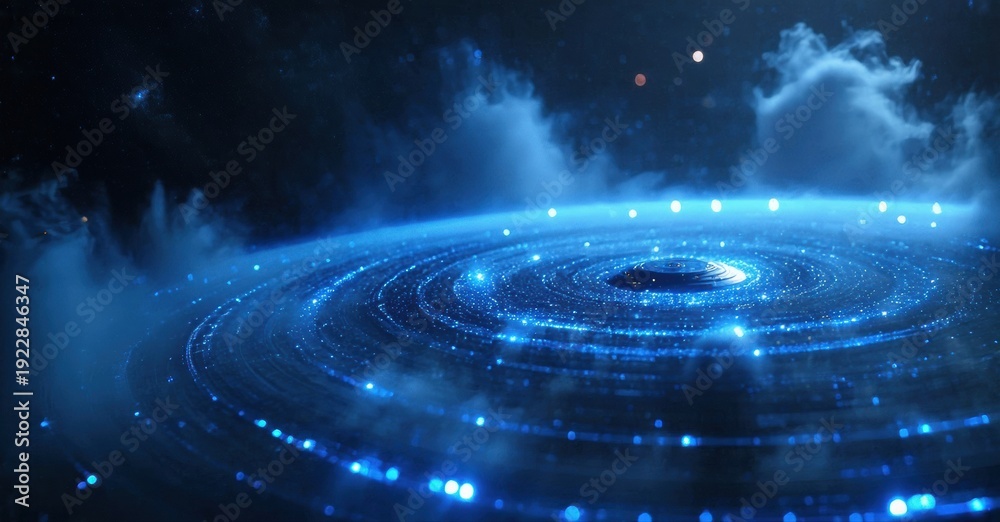 Fototapeta premium Vibrant blue rings surround dark center. Space scene evokes mystery, technology, future concepts. Bright lights punctuate darkness.