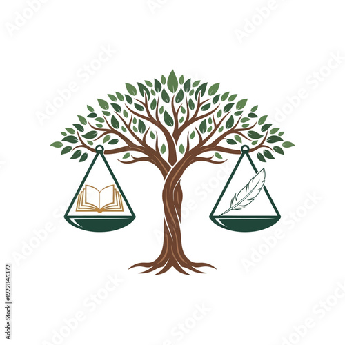 Tree of Life with Scales of Justice, Book and Feather, on isolated white background