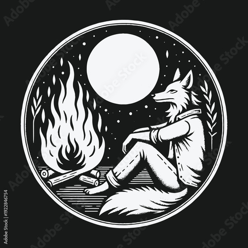 A solitary fox by the campfire under the moonlit sky.