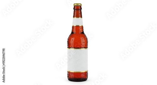 A brown glass beer bottle with a white label