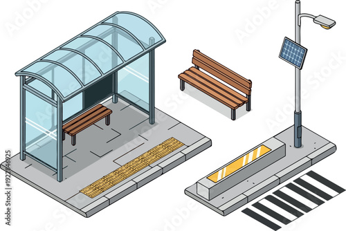 Illustration of a bus stop shelter with benches, streetlight, and crosswalk in a public transportation setting from an aerial view