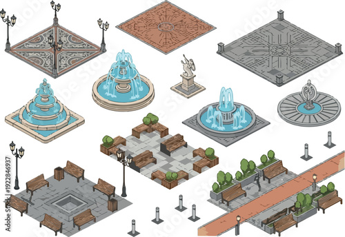 Isometric city park scene featuring fountains, benches, and walkways viewed from above
