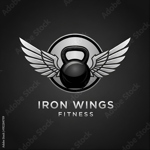 Iron Wings Fitness Logo with Kettlebell and Metallic Silver Wings