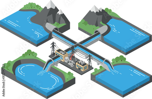 Illustration of a hydroelectric power plant with water flowing through turbines and generating electricity in a serene landscape