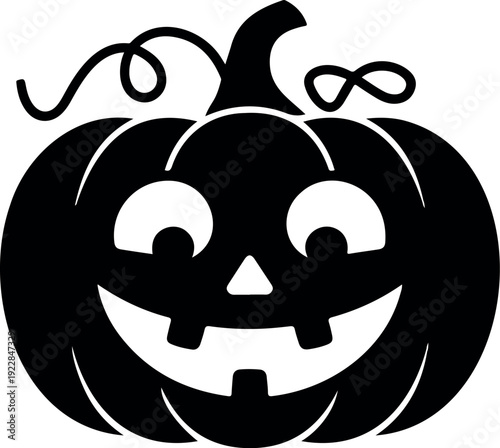 Black silhouette of a smiling jack o lantern pumpkin with curly vines halloween
