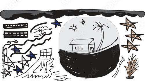 Whimsical illustration of a serene house under a starry night sky with surreal elements