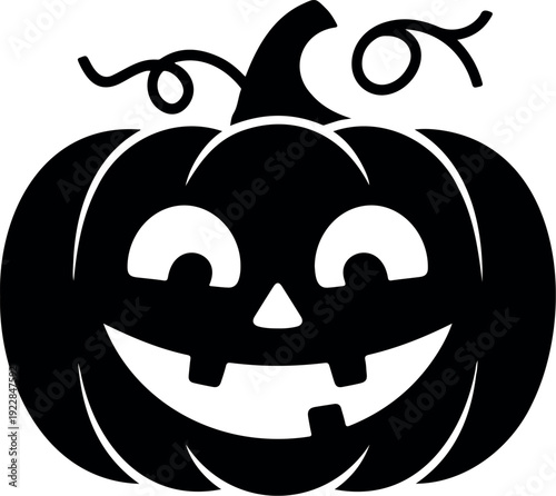 Black silhouette of a smiling jack o lantern pumpkin with curly vines halloween