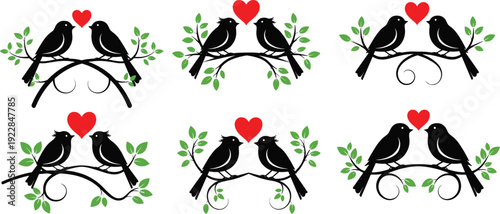 Vector Illustration Set of Love Bird Pairs Perched on Branches with Red Hearts and Green Leaves for Valentines Day and Wedding Designs