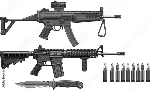 Vector Illustration Set of Modern Assault Rifles Tactical Submachine Gun Military Combat Knife and Rows of Metal Ammunition Rifle Bullets