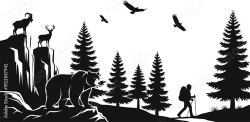 Black and white of a hiker with bear goat deer and birds in forest