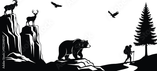 Black and white of bear deer goat and hiker in nature tree