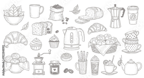 Breakfast Bakery Coffee Tea Hand Drawn Line Art Set