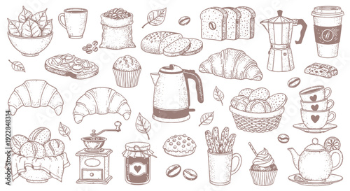 Vintage Breakfast Coffee Doodles Croissant Teapot Set