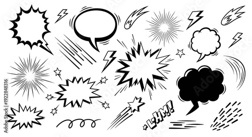 Comic Speech Bubbles Effects Doodle Set BAM Lightning