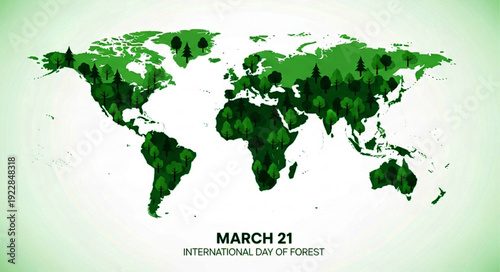 World map illustration of forests symbolizing the global celebration of International Day of Forest on March 21