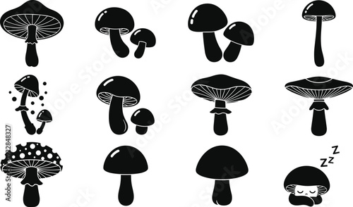 Set of mushroom silhouettes in black vector style featuring various fungi shapes isolated on light background for botanical illustration, nature design, and icon collections