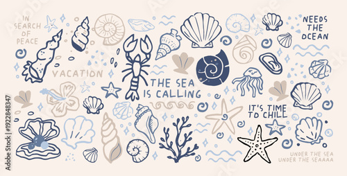 Ocean vacation shapes in retro cartoon style with seashells, starfish, lobster, jellyfish, coral, waves and marine elements inspired by seaside travel and underwater relaxation stickers