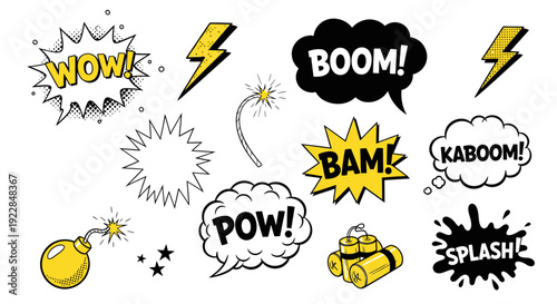 Comic Book Sound Effects Set with Speech Bubbles and Lightning