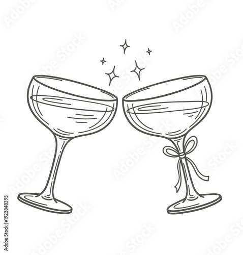 Line Art Champagne Coupe Glass Toast with Bow and Sparkles