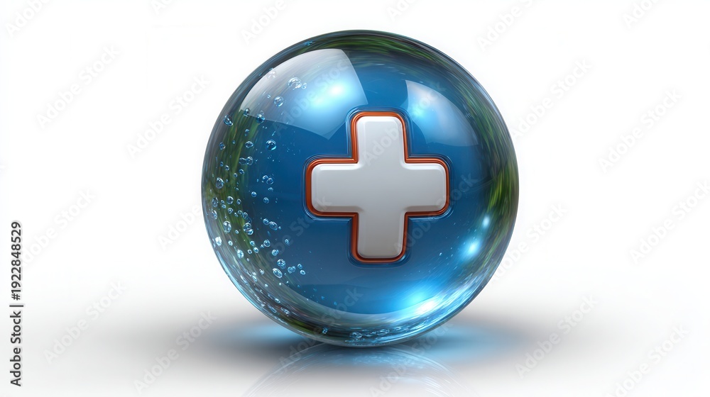 Fototapeta premium Transparent blue medical cross symbol on glass orb with water droplets