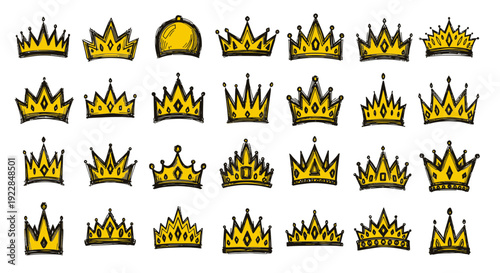 Hand Drawn Yellow Crowns and Tiaras Icon Set