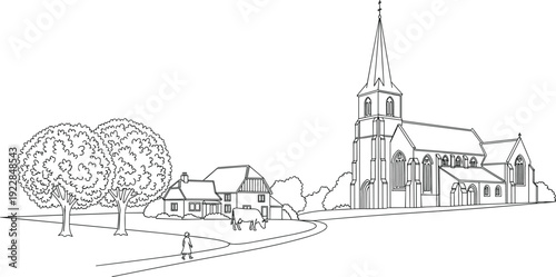 Black and white of church with steeple and houses trees