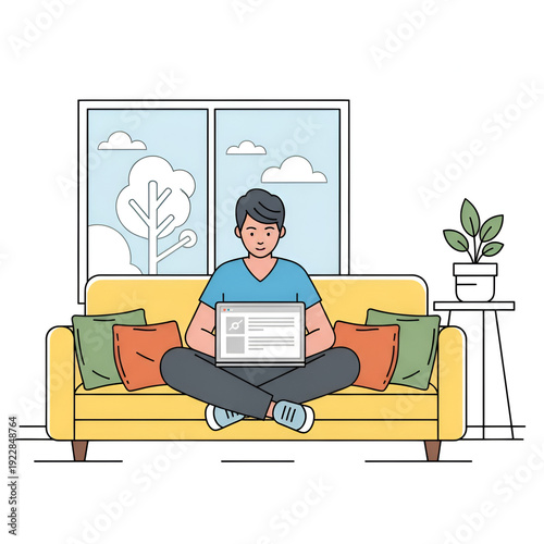 Young Man Working Remotely on Laptop at Home