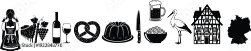 Black and white of German culture symbols including a woman in dirndl, food, drink, and architecture